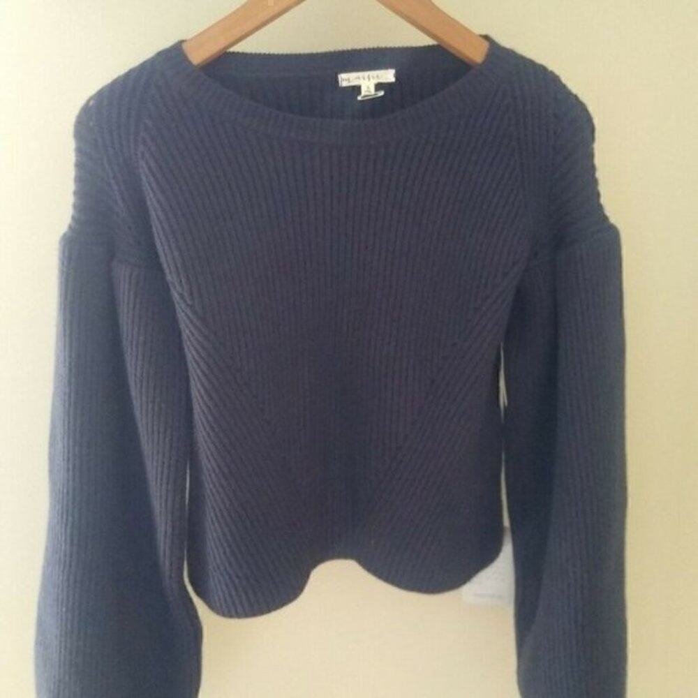 Maisie Nordstrom Navy Blue Bishop Sleeve Cropped Ribbed Sweater Medium - Picture 5 of 12